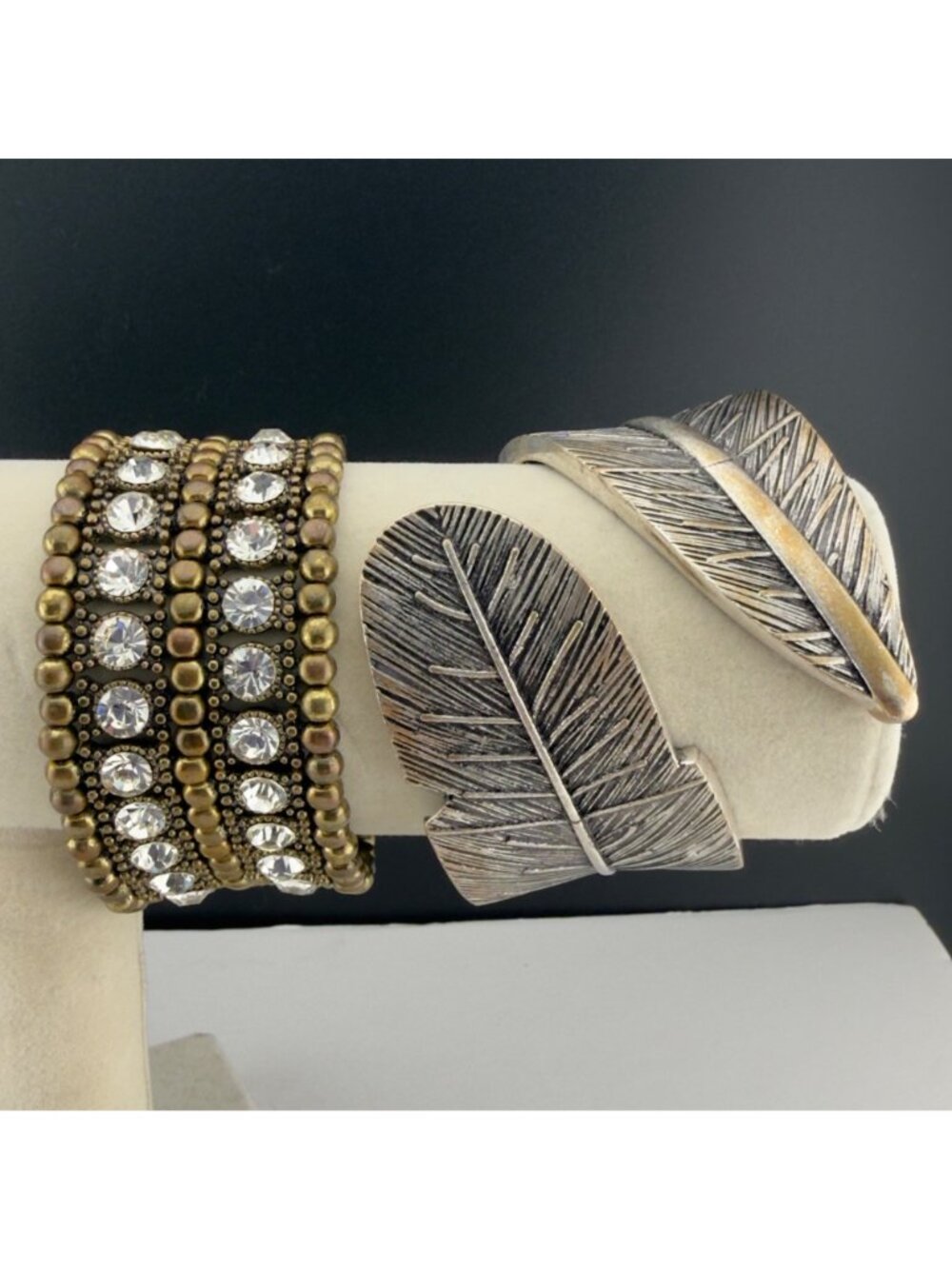 Boho Bracelet Lot Silver Tone Cuff Rhinestone Stretch Mixed Metals Stackable - Picture 7 of 16